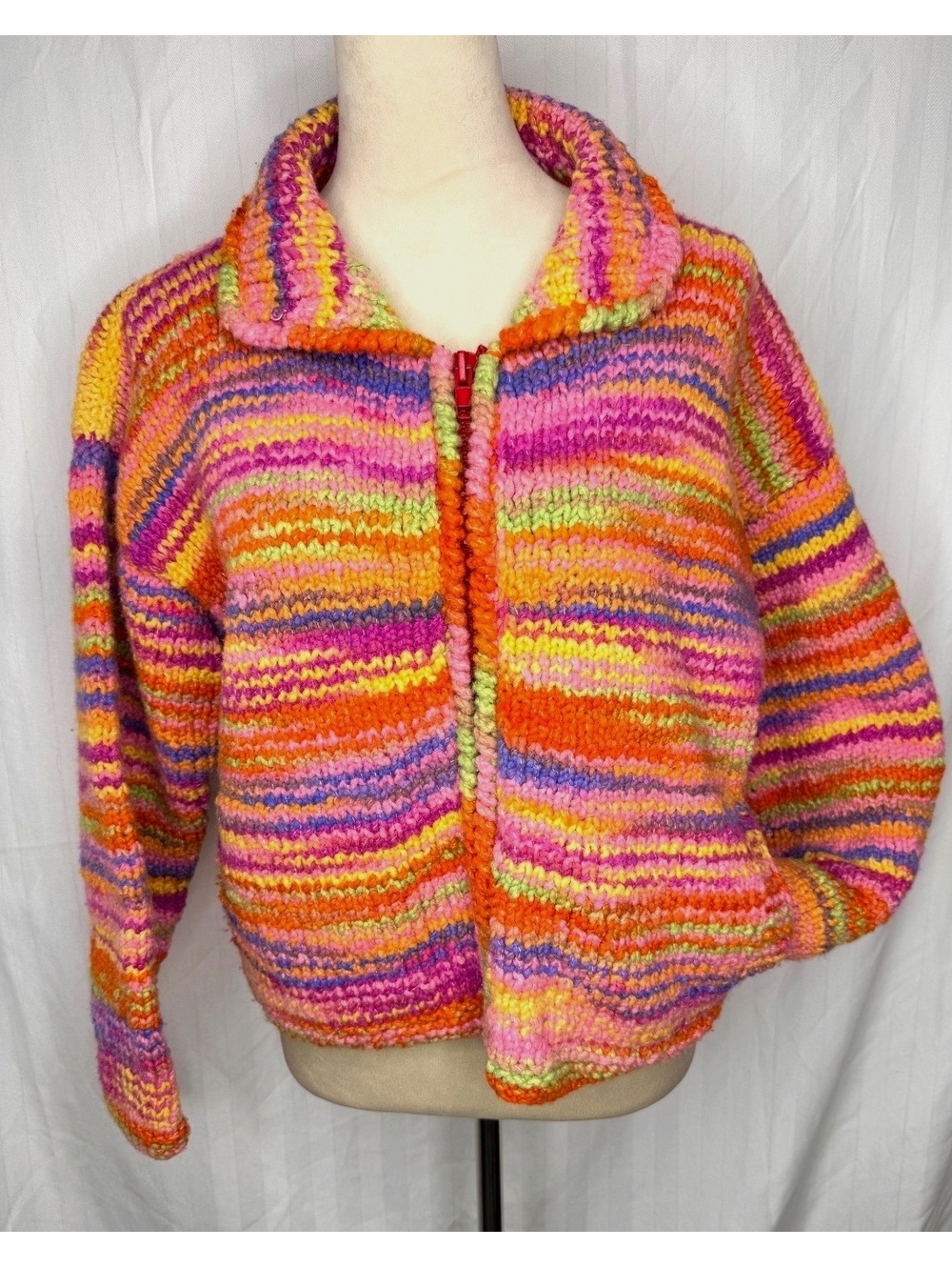 Y2K Handmade Ecuadorian 100% Wool Rainbow Zip Cardigan